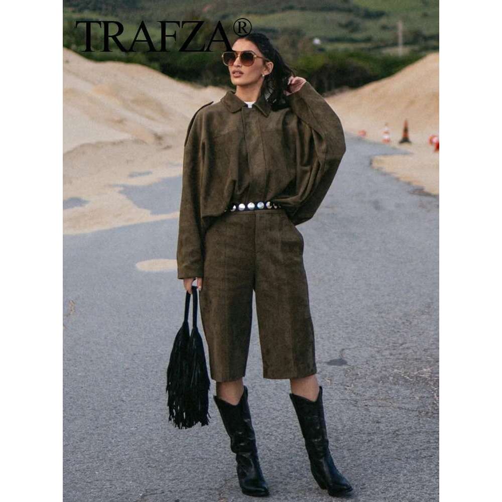 TRAFZA Fashion Women's Soft Leather Jackets Shorts Set Zipper Bomber Jacket+Summer Pocket Suede Texture Short Pants