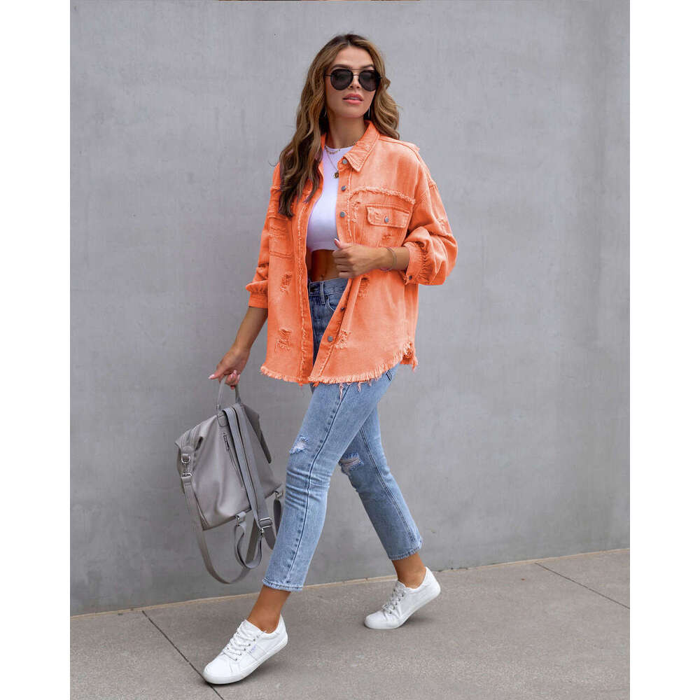 Defined Jacket 2025 New Style Mid Length Denim Jacket with Frayed Edges Holes Womens Autumn and Winter Long Sleeved Casual Lapel Top Autumn Dress Wome