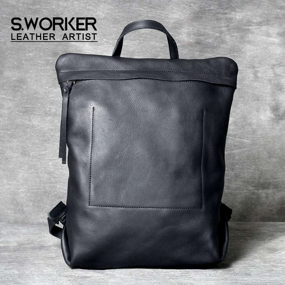 S.WORKER Casual Genuine Backpack Full-Grain Cowhide Leather Laptop Shoulder School Bag Fashion