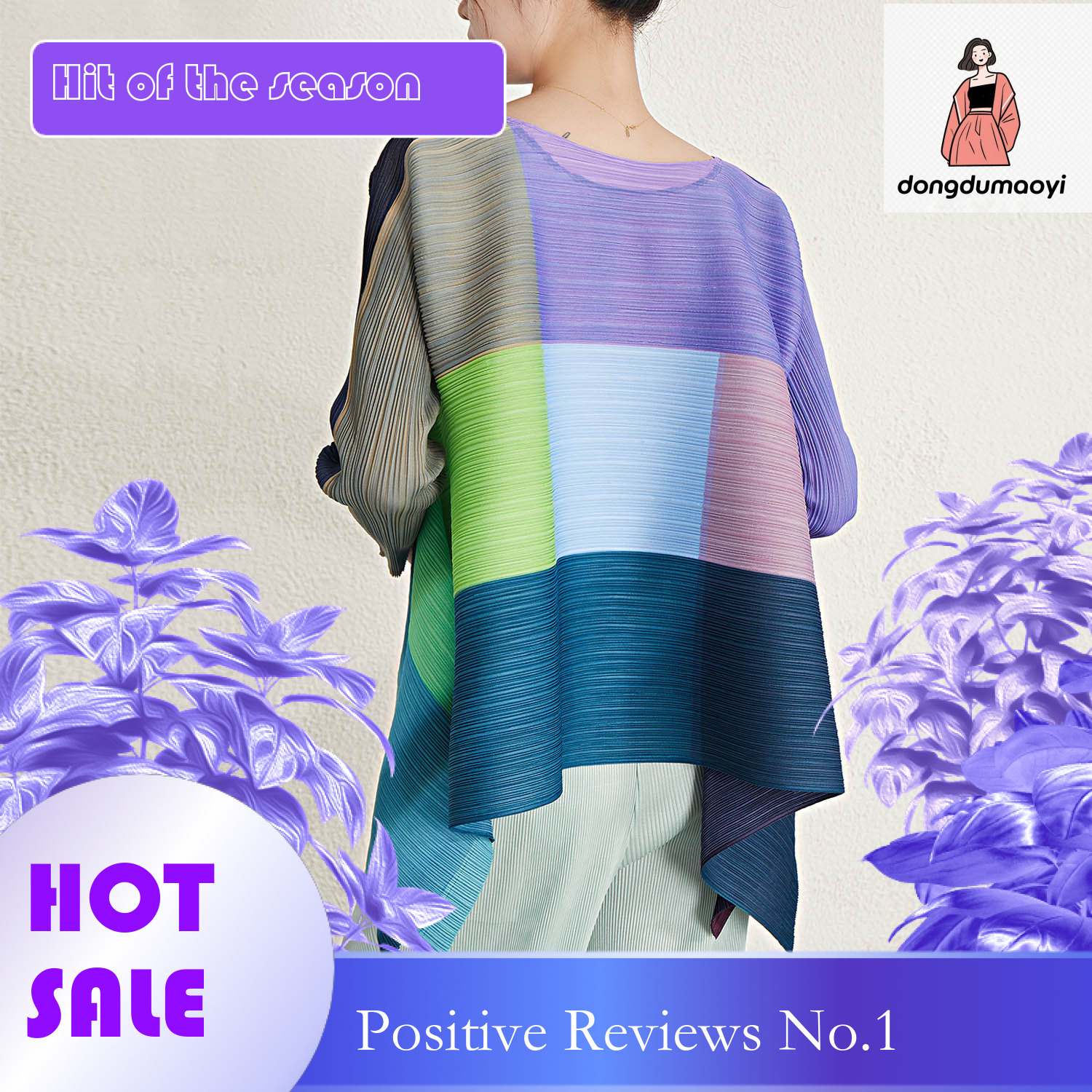 dongdumaoyi Women's long sleeved round neck women's Miyake style loose T-shirt, pleated checkered top