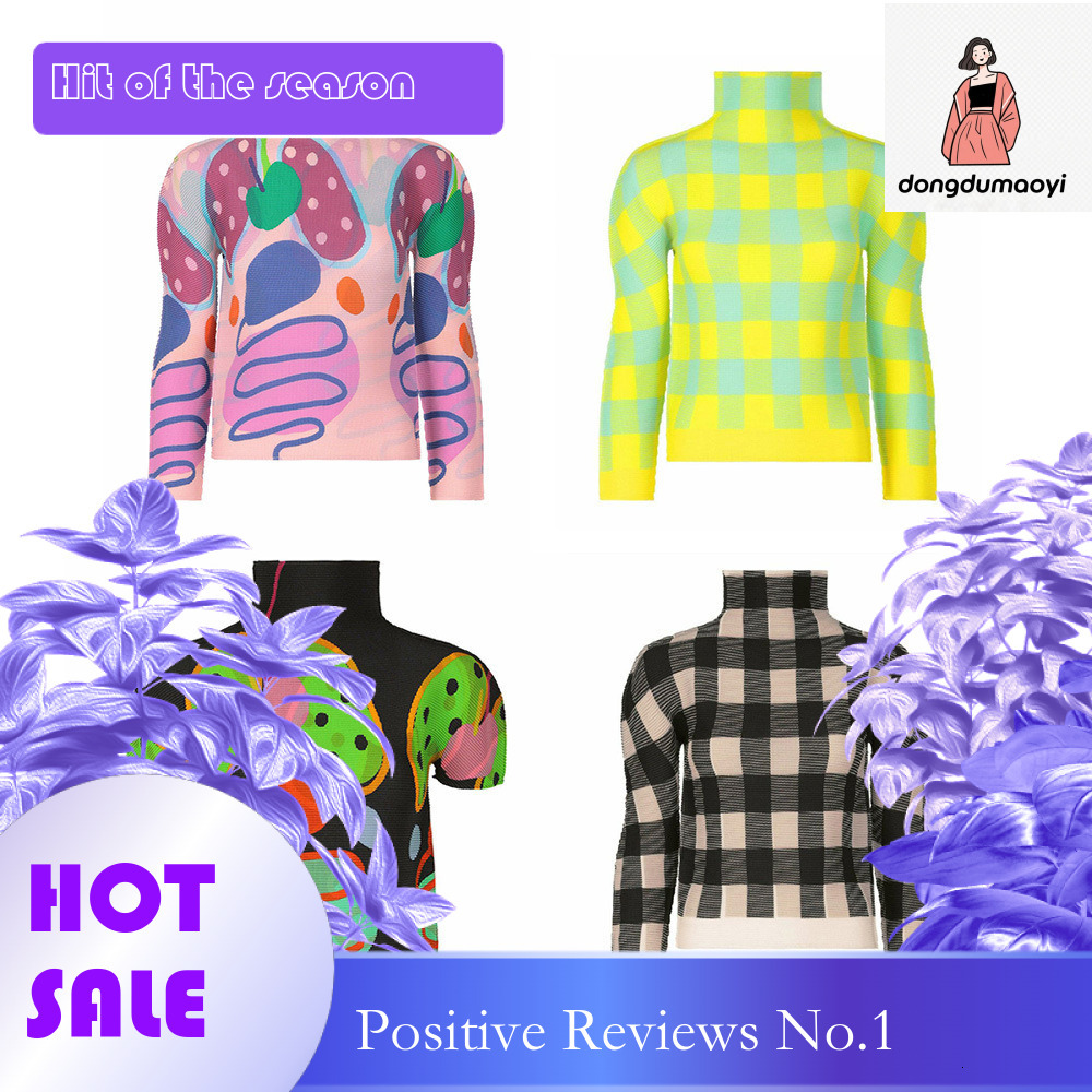 dongdumaoyi Folding women's shirts in small batches, Miyake super elastic corn pleated stand up collar printed T-shirt tops