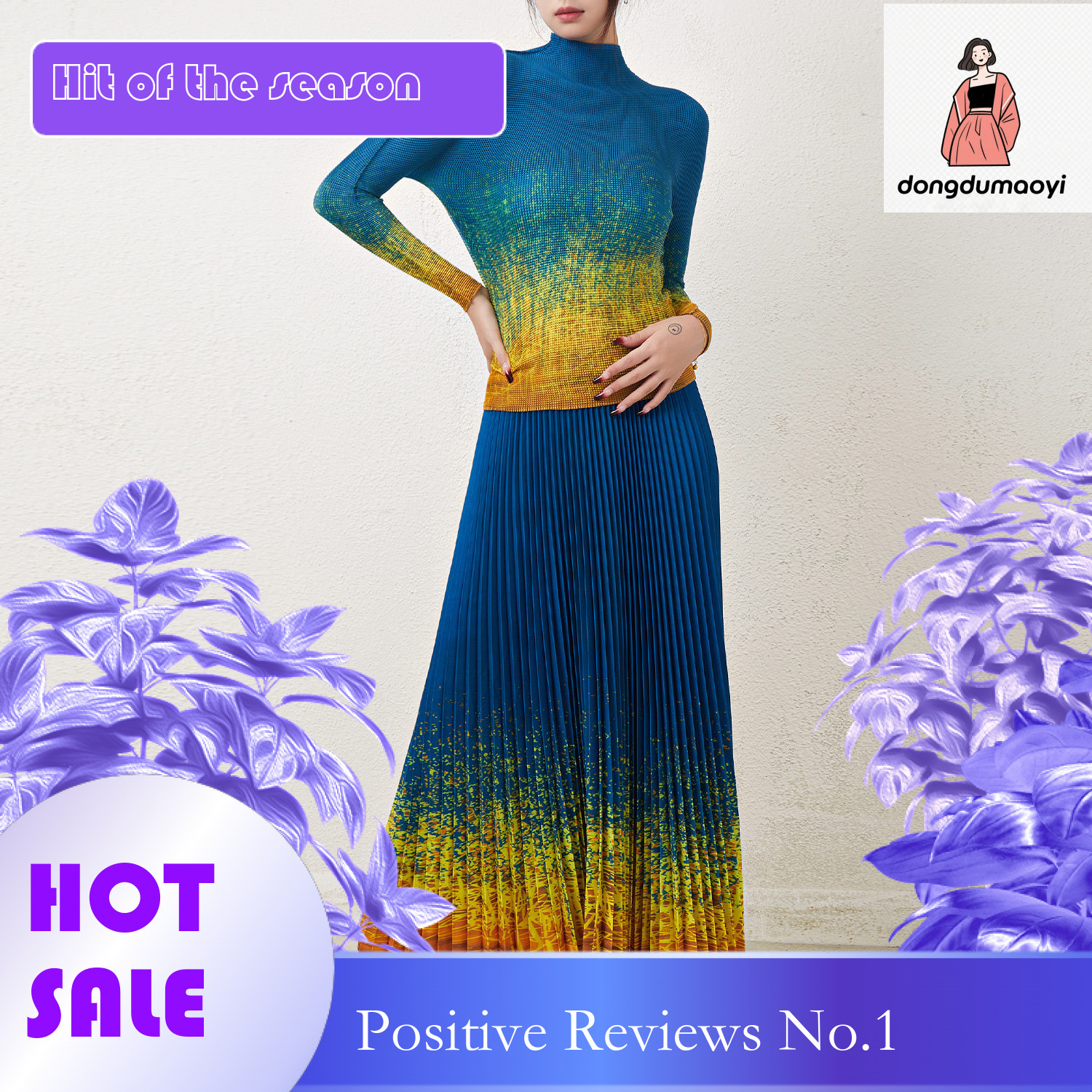 dongdumaoyi Elegant sophisticated, gradually changing color T-shirt skirt two-piece set, ins trendy and fashionable pleated women's clothing pers