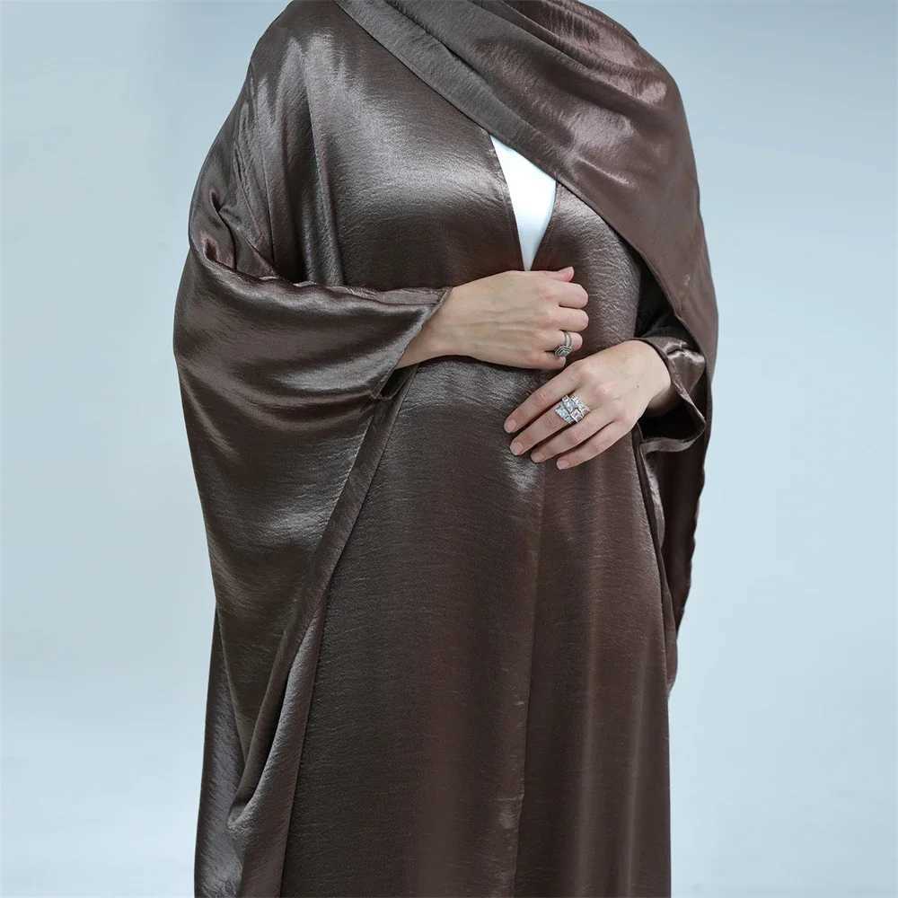 Morocco Eid Party Muslim Women Satin Open Abaya Cardigan Hijab Long Maxi Dress Turkey Kaftan Dubai Bat Slve Robe Arab Jalabiya X250514