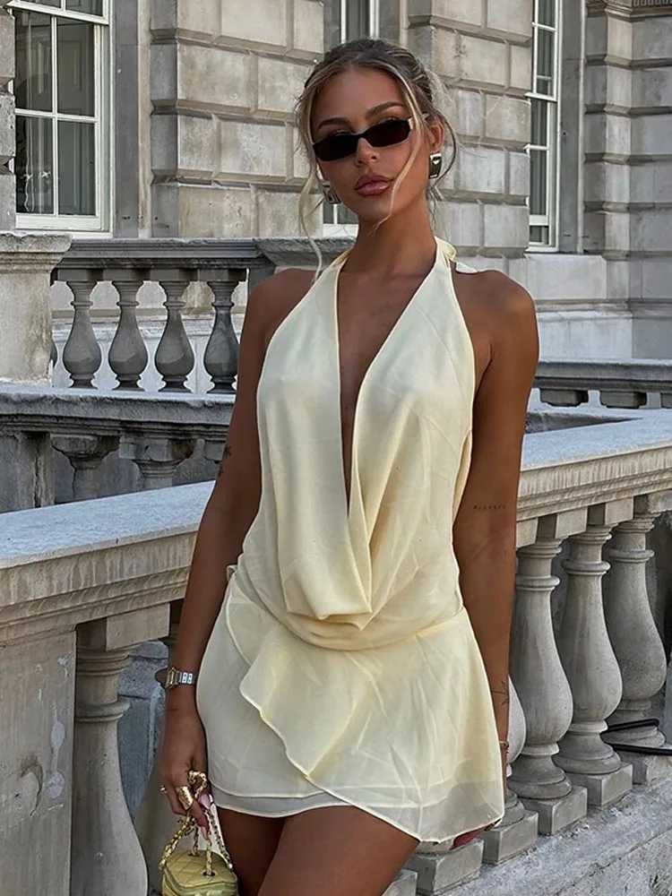 Womens Sexy Deep V-neck Pleated Lace-up Halter Dress Elegant Backless High Waist A-line Dresses 2025 Vocation Party DressesXJ250514