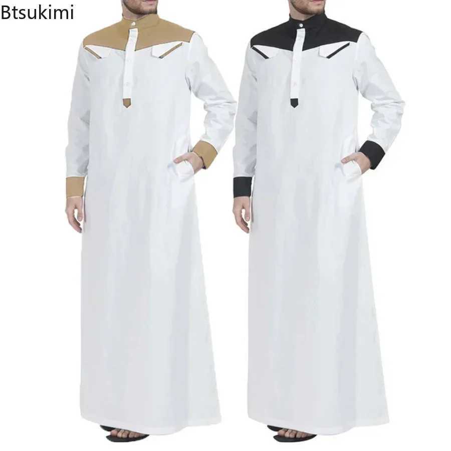 2025 Muslim Thobe Comfortable Men Caftan Long Sleeve Contrast Color Muslim Clothing Mandarin Neck Muslim Robe for Middle East X250514