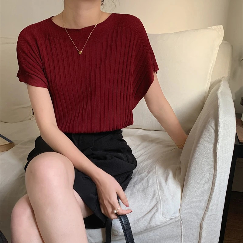 Spring Summer Knitted Batwing Sleeve Womens Tshirts Solid Casual Loose Oneck Bottom Shirts Knitwear Tops Female 250514