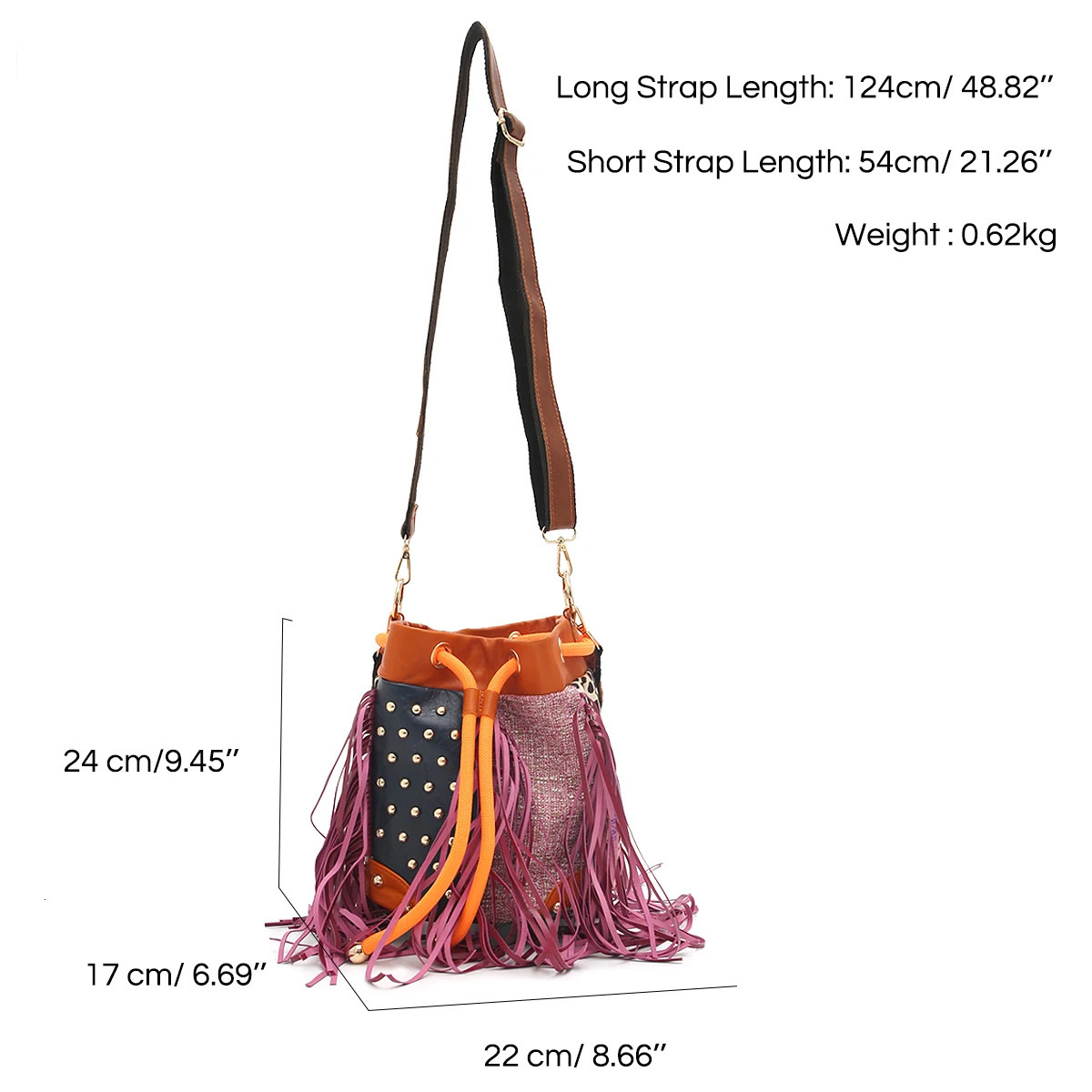 Womens Retro Cowhide Tassel Handbag y Rivets Colorful Patchwork Leopard Print Bucket Purse Casual Cross body Shoulder Bag 250514