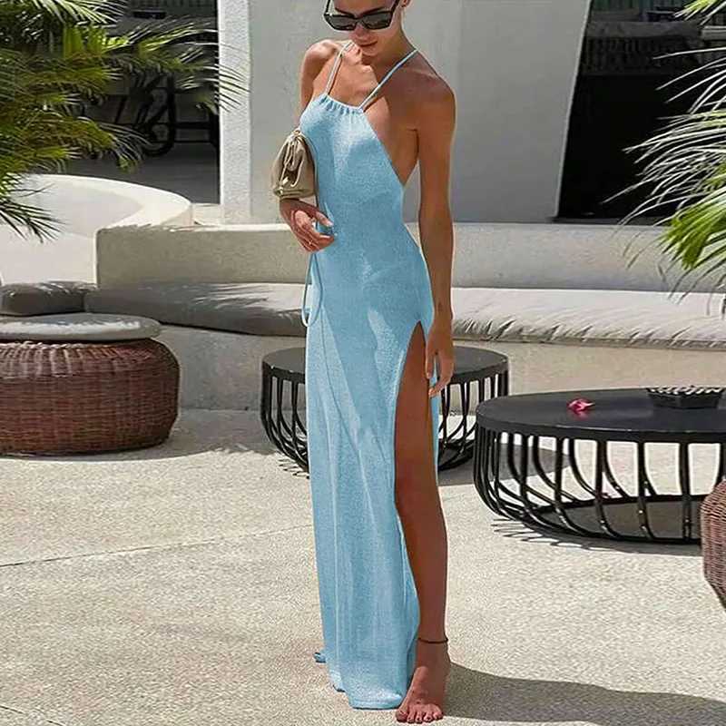 2025 Knitted Cover Up Beach Sexy See-through Long Slit Slim Dress Summer Bikini Cover Up Elegant Halter Neck Beach SkirtXJ250514
