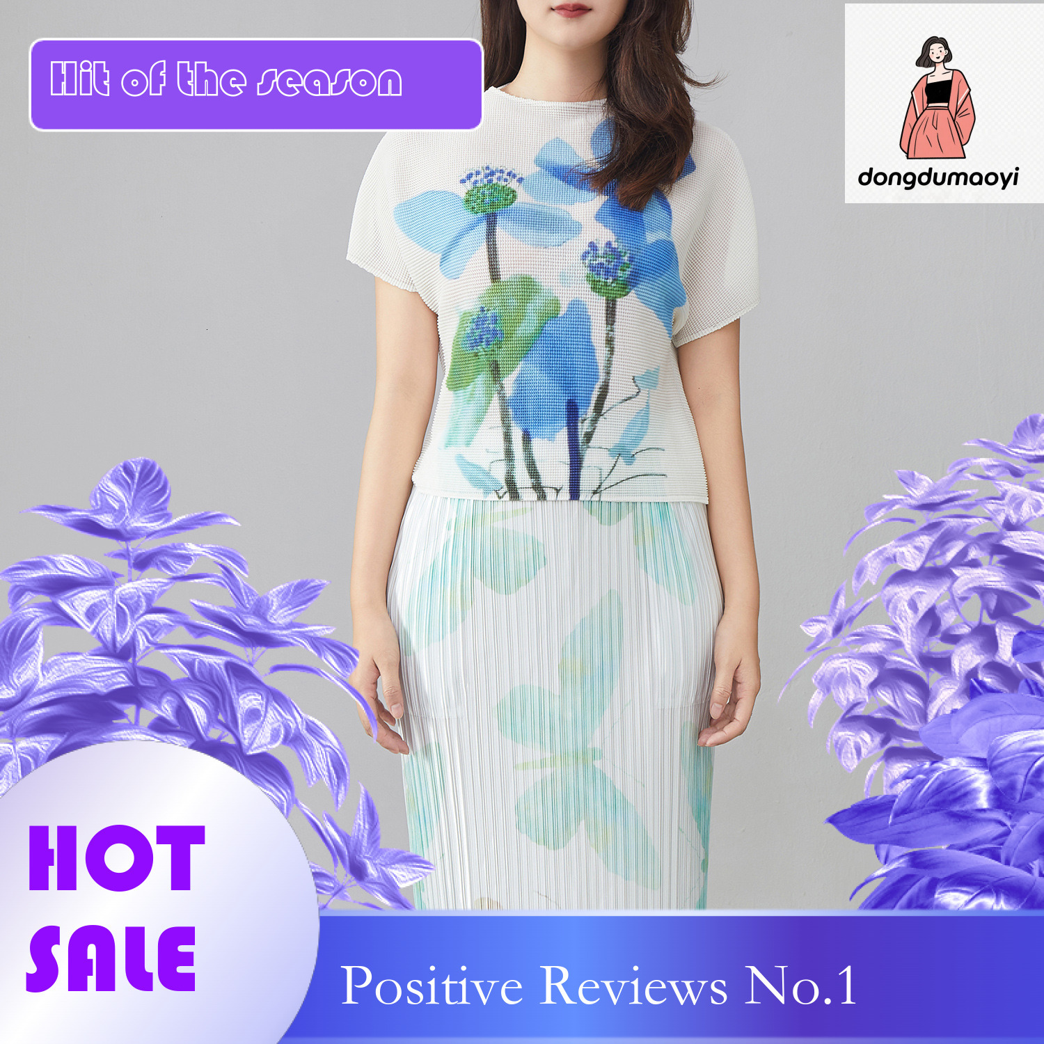 dongdumaoyi Miyake printed T-shirt 2025 new summer pleated round neck temperament versatile fashion commuting high-end top short sleeved shirt