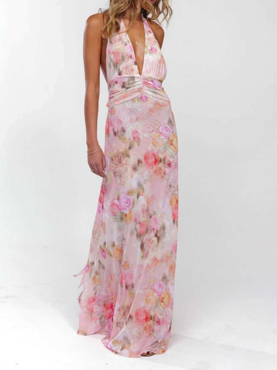 GuliriFei Women Long Dress Sleeveless Halter Dress Backless Flower/Dots Print Summer Cocktail DressXJ250514
