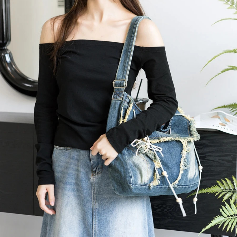 Y2K Korean Harajuku Gothic Hobo Denim Bag Aesthetic Vintage Purses WomenHandbag Crossbody Messenger Tote Peddler Shoulder Bags 250514