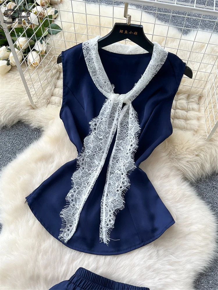 SINGREINY Elegant Summer French Two Piece Set Women Sleeveless Lace Tie n TopsLong Skirt Senior Fashion Vacation Suits 250514