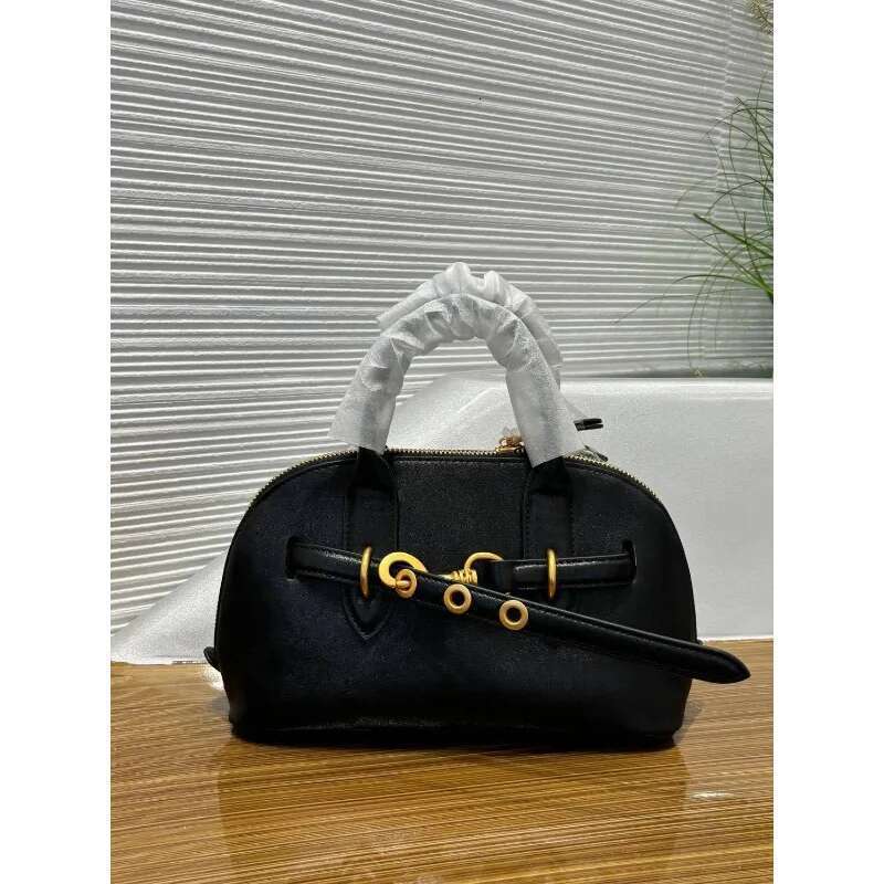 MM High Quality Cowhide Shell Bag Retro Portable Leather Bowling Tote Bag.