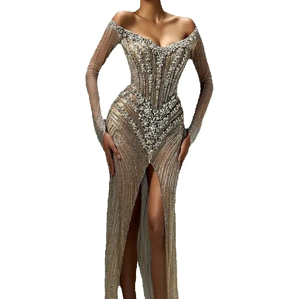 Sexy Illusion High Slit Prom Dresses Sparkly Beads Rhinestones Evening Dress Customized Off The Shoulder Cocktail Gown