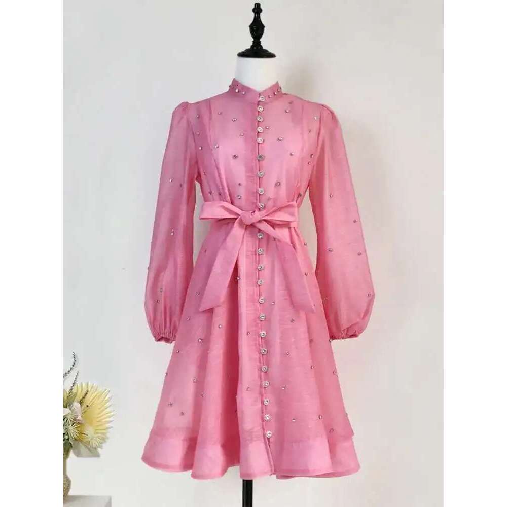 Crystal Short Dresses Women Summer Studded Dia Stand Collar Lantern Sleeve 2025 Sping Loose Evening Party Vestidos
