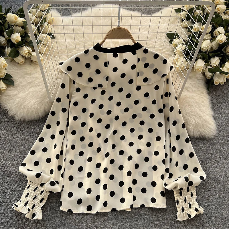 HELIAR Women Elegant Office Chiffon Shirts Polka Dot Printed Long Sleeve Blouse Ruffles Sweet Tops Casual Thin Harajuku Tees 250514