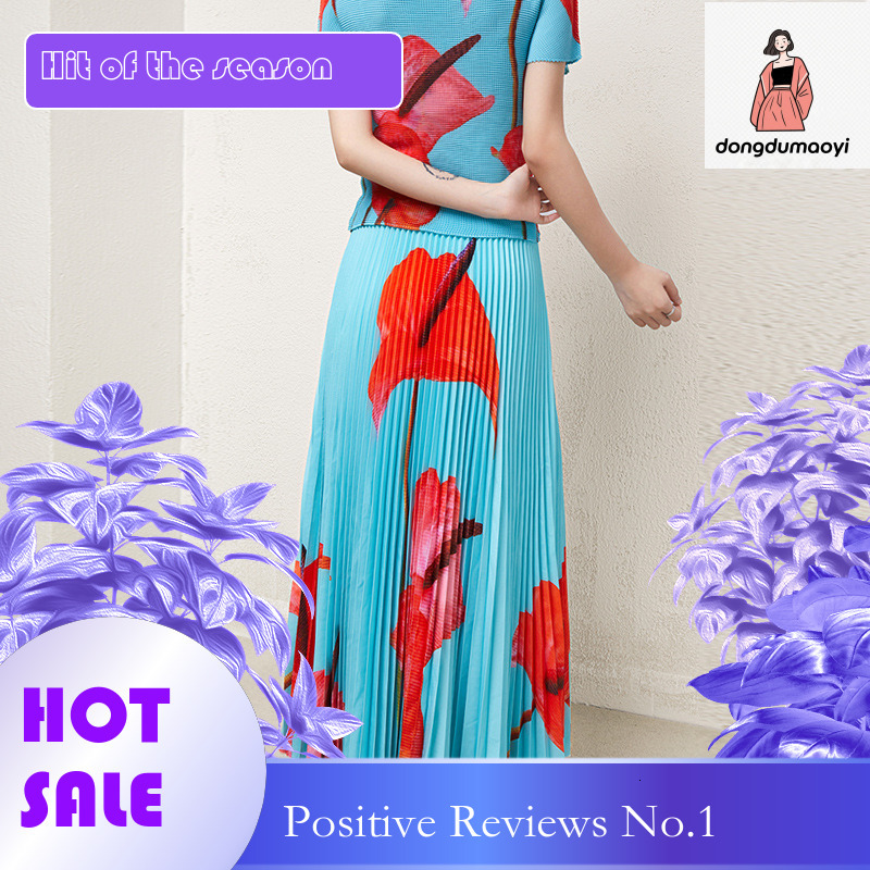 dongdumaoyi Miyake skirt design, niche texture, t-shirt, plant flower mid length skirt, two-piece set, women's clothing