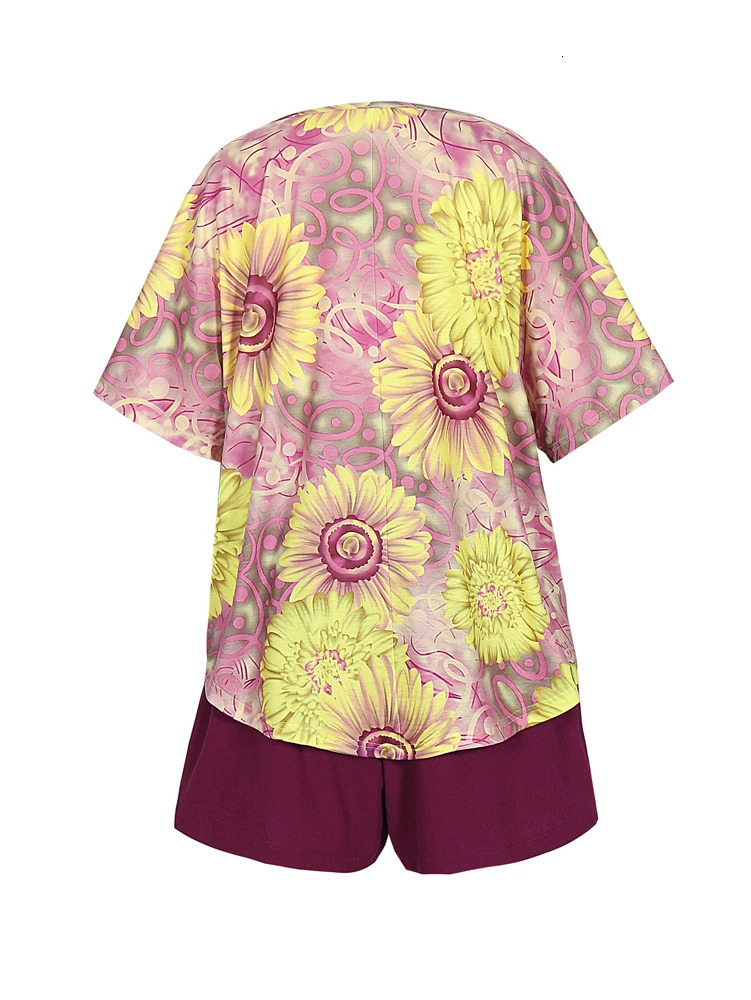 Plus Size 2025 Womens Elastic Waist Printed Pattern Vneck Casual Loose Two Piece Set Summer 250427