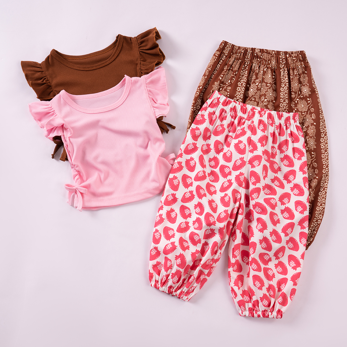 Summer new baby girls casual set butterfly sleeves solid color top cute waisted printed pants, daily wear and party wear, suitable for outings T5SS021