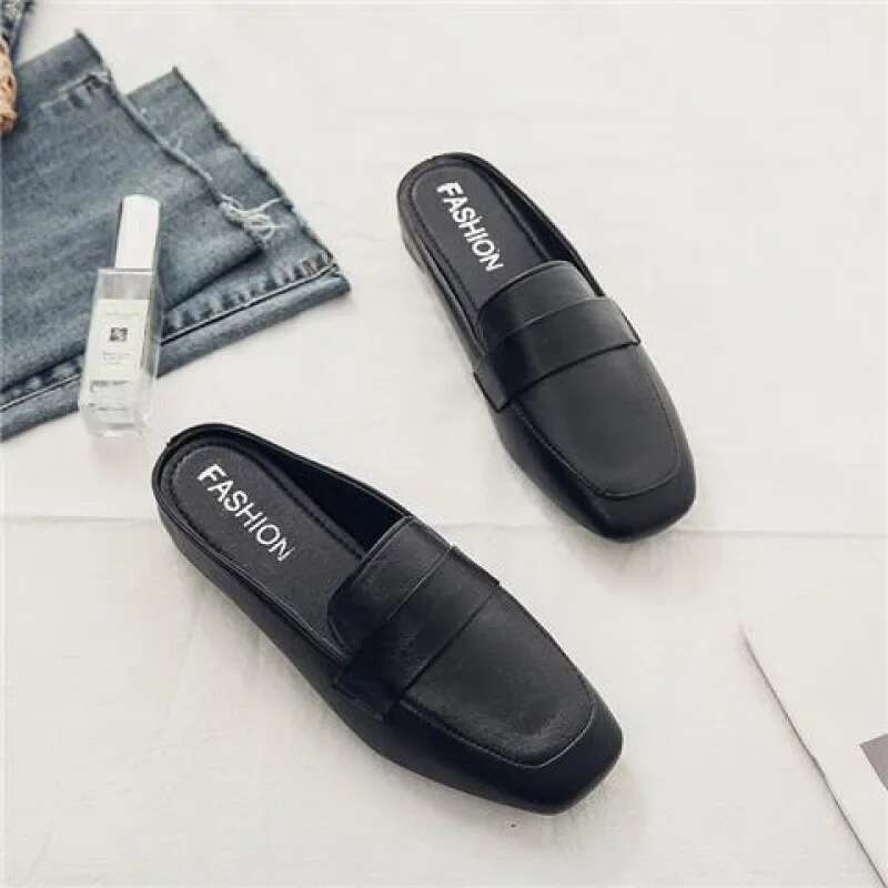 Baotou Half Slippers New Fashion Leather Slip-on Lazy Soft Sole Flat atos Mujer Women Shoes