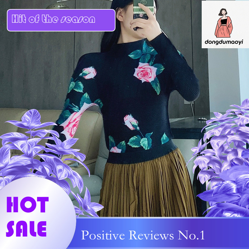 dongdumaoyi Miyake elasticity base shirt spring and summer, interior high neck versatile fashion printed long sleeved pleated top for women
