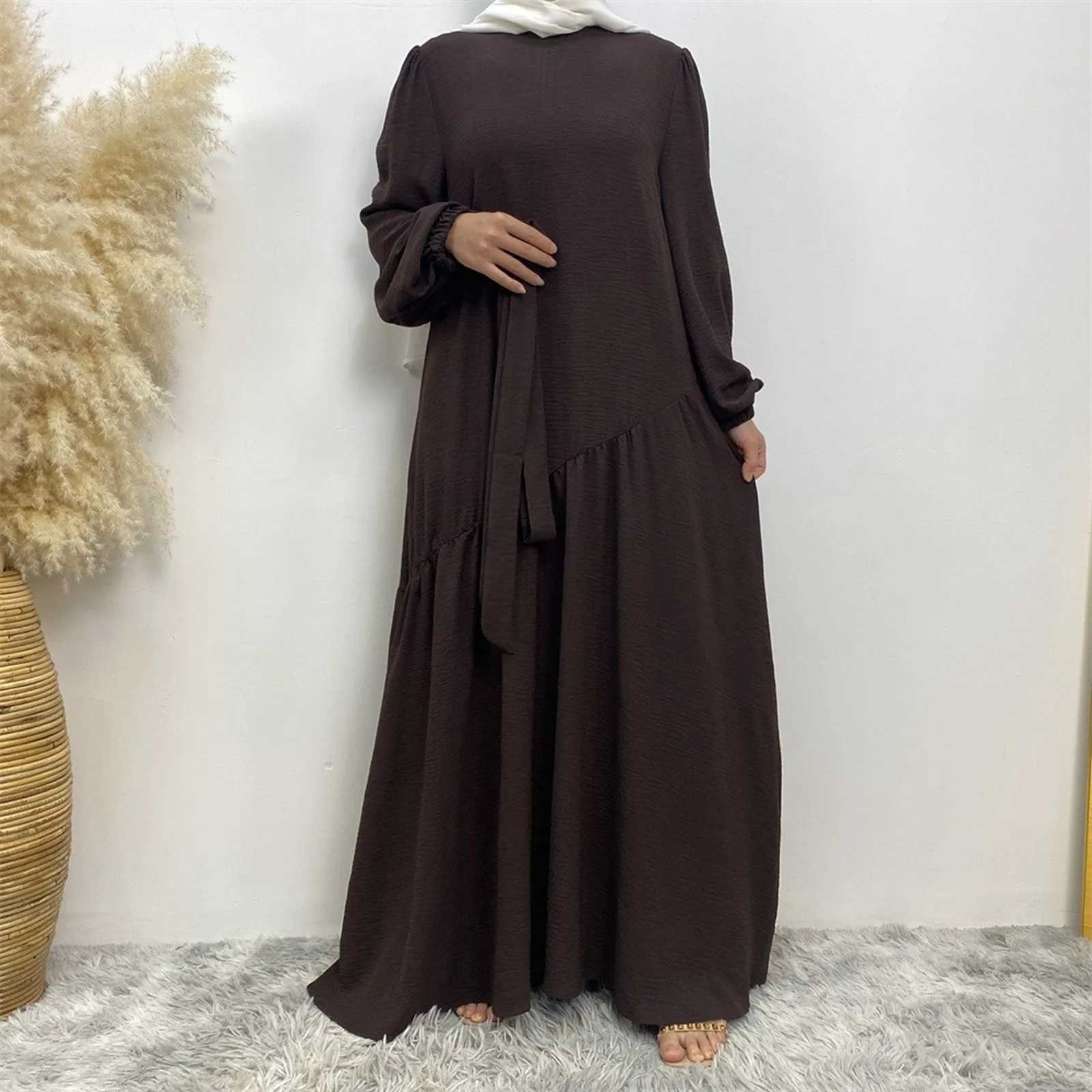 Women Middle Dubai Muslim Dress Loose Solid Color Round Neck Belt Splicing Zipper Big Swing Islam Dubai Kaftan Robe For Women X250514