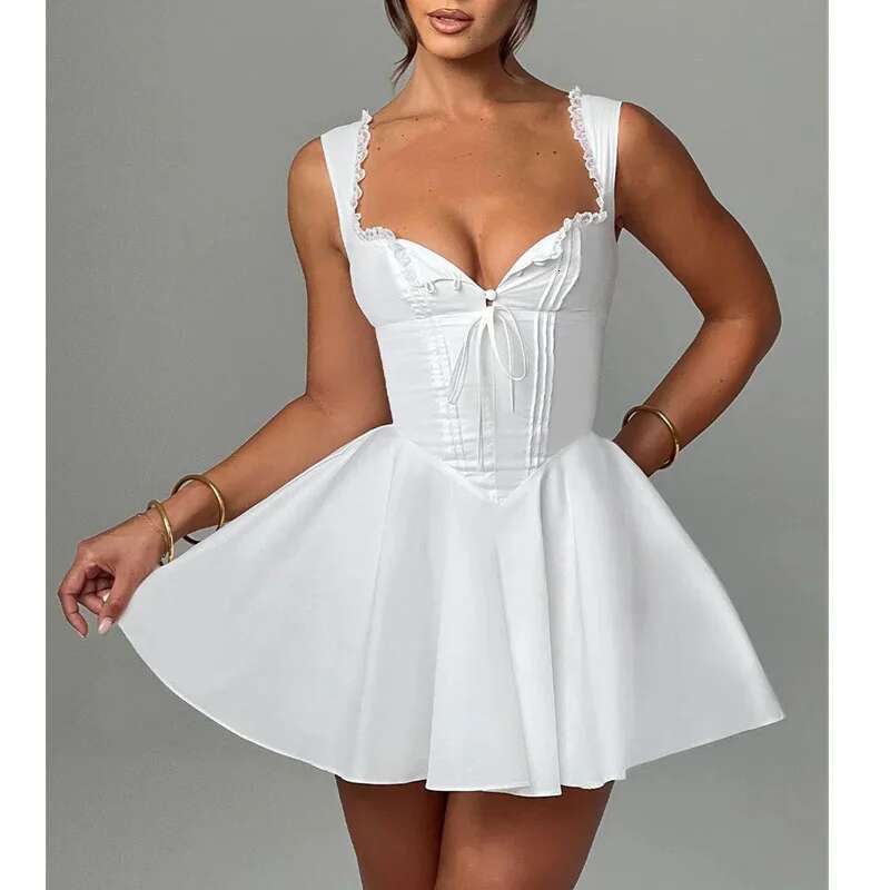 Lamuusaa Corset Women Sexy Clothes Solid Color Square Collar Sleeveless Ruffle Hem A Line Mini Dress Club Party Dresses