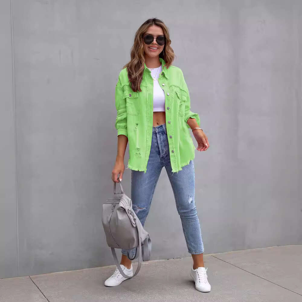 Defined Jacket 2025 New Style Mid Length Denim Jacket with Frayed Edges Holes Womens Autumn and Winter Long Sleeved Casual Lapel Top Autumn Dress Wome