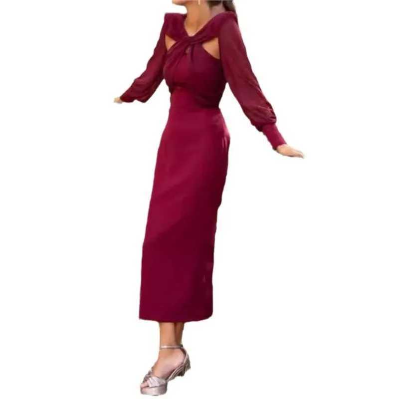 Womens Fashion Solid Spliced Hollow Sexy Backless Long Sleeve Midi Dress Spring Autumn Elegant Party Pencil Long Dresses RobeXJ250514
