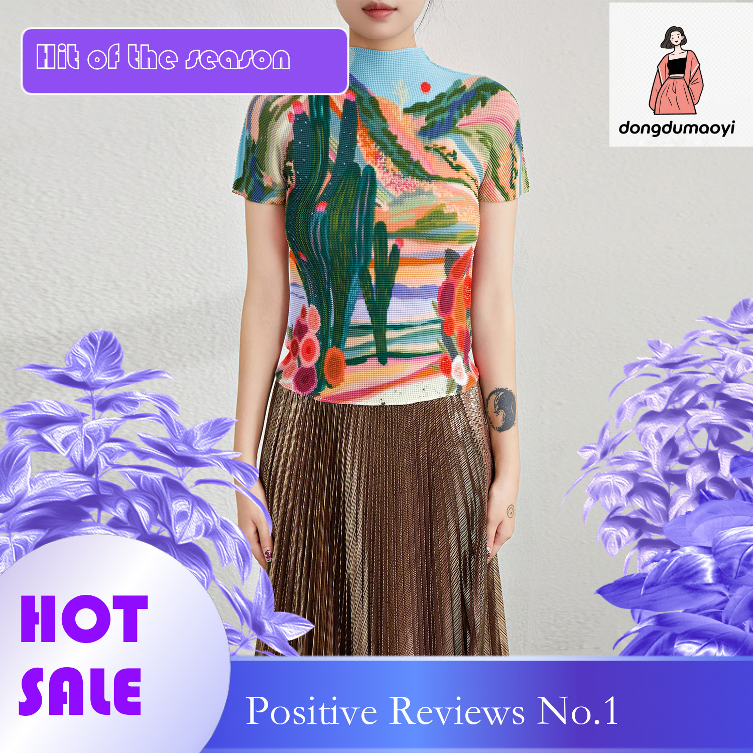 dongdumaoyi Miyake semi high neck short sleeved T-shirt for women in summer 2023 pleated new slim fit printed top