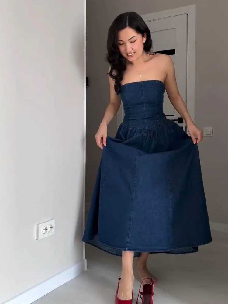 Fashion Off Shoulder Dress For Women Denim Backless Sleeveless Slim Long Dresses Female 2025 Spring Summer Lady VestidosXJ250514