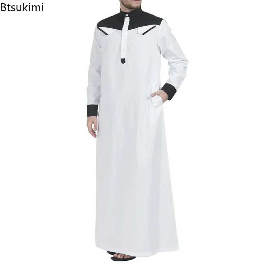 2025 Muslim Thobe Comfortable Men Caftan Long Sleeve Contrast Color Muslim Clothing Mandarin Neck Muslim Robe for Middle East X250514