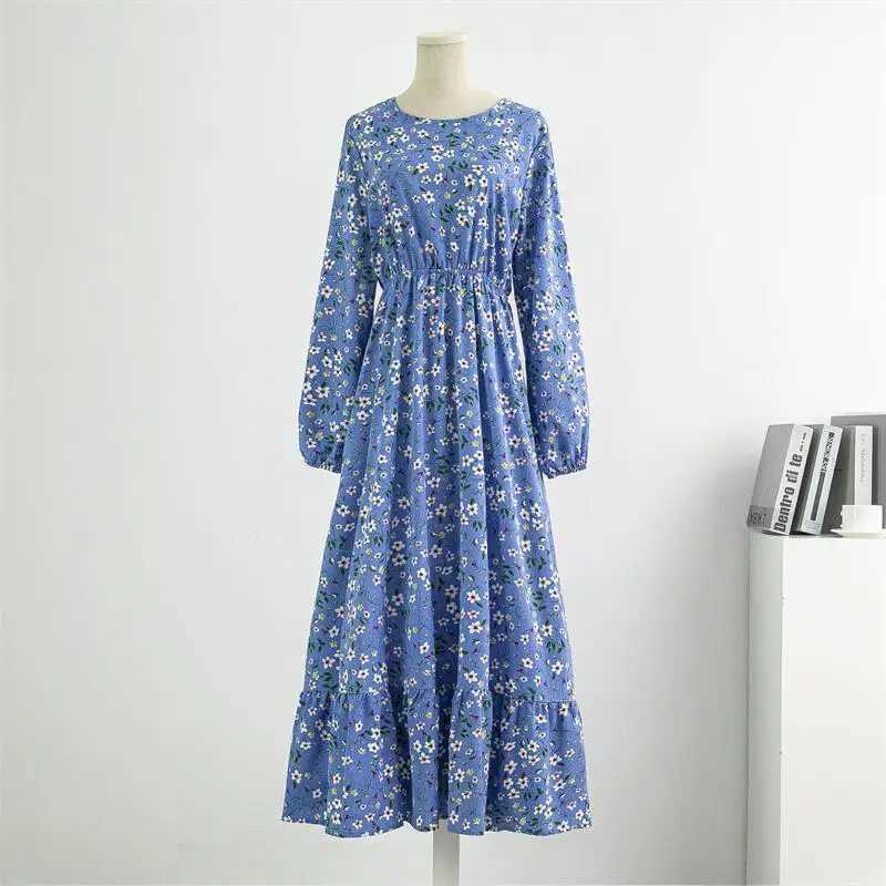 Spring Autumn Women Chiffon Dresses Casual Floral Printed Bark Crinkling Long Dresses O-neck Long Slve Loose Muslim Maxi Dress X250514