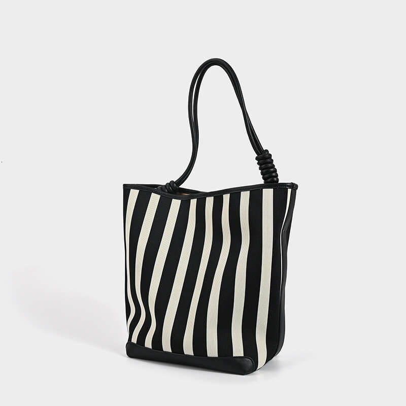 Women's Bags Designer Black And White Striped High-End Water Bucket Large Capacity Elastic Woven Fabric Mother Bag, New Commuting Hand-Held Shoul