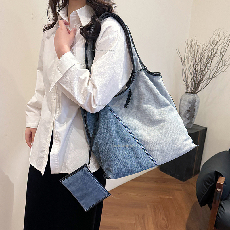 Free Shipping Designer Women's Shoulder Bag Harajuku Comparison Splicing Fashionable Denim Handbag Large Capacity Casual Shopping Bag Vacation Be