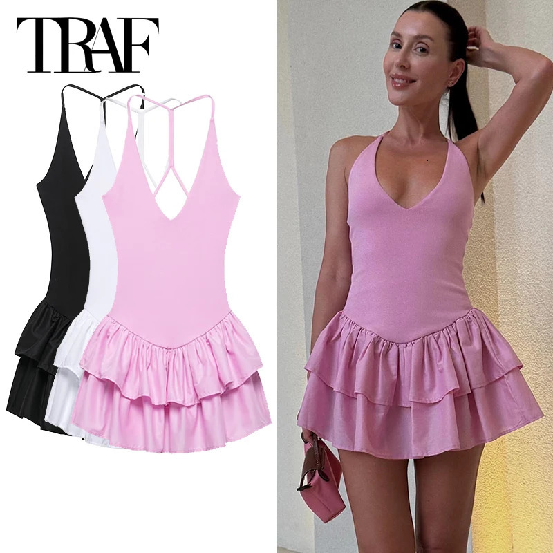 Womens Dresses Halter Pink Mini Chic v Neck Layer Ruffles Hem Dress A Line Vestido Summer Ladies Street Party Wear 250514