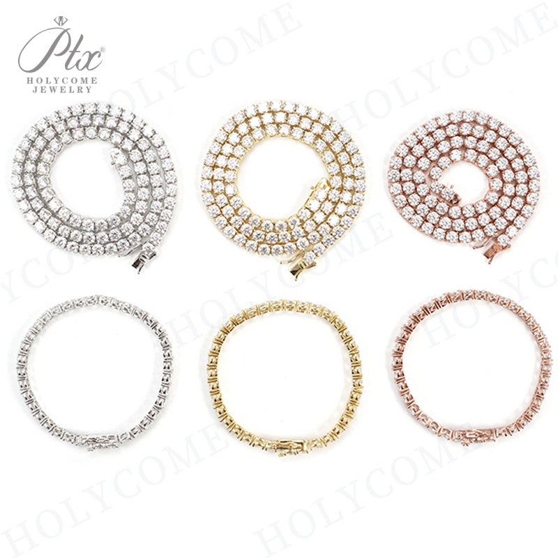 3mm Tennis Bracelet Wholesale Hip Hop Jewelry Fashion Iced Out 18K Gold Plated 925 Silver Moissanite Diamond Tennis Chain Moissanite Necklace for Men 