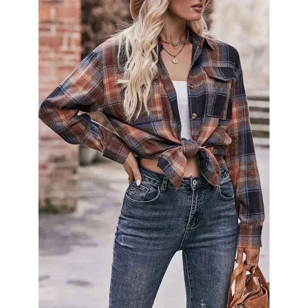 Spring/Summer Plus Size 1XL-5XL Women's Checkered Printed Long Sleeved Flipped Tie Button Commuter Fashion Shirt