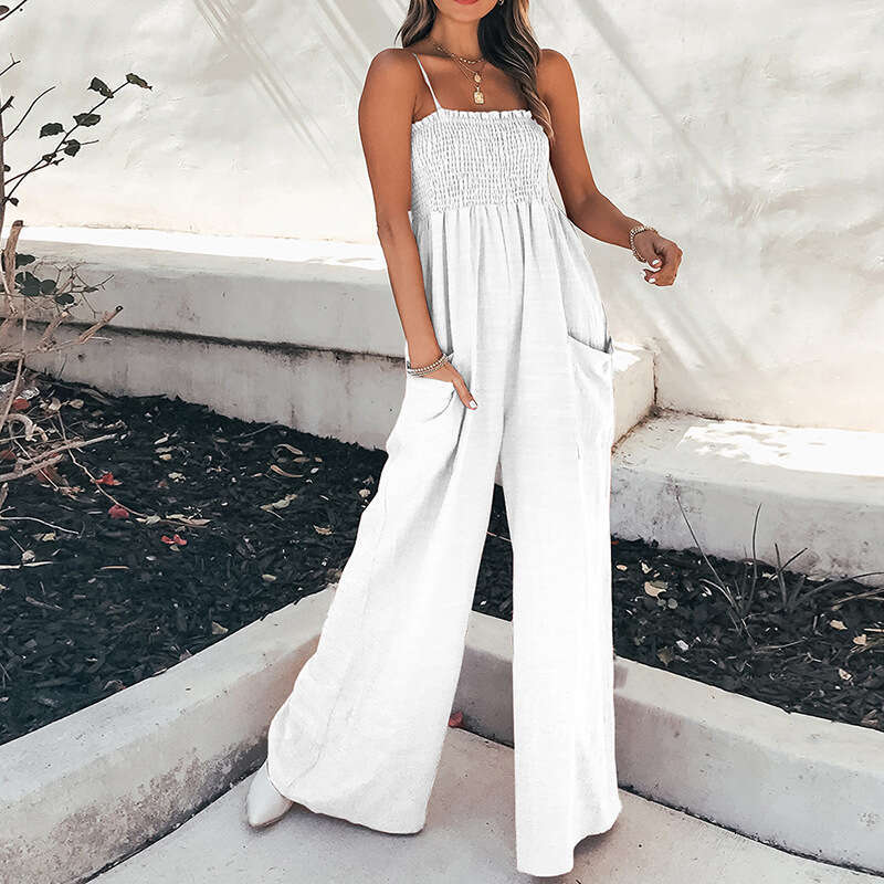 Pants Women Flare Leggings 2025 New Womens Solid Color Camisole Pleated Casual Temperament Commuting Jumpsuit Hot Style Solid Color All-match Model
