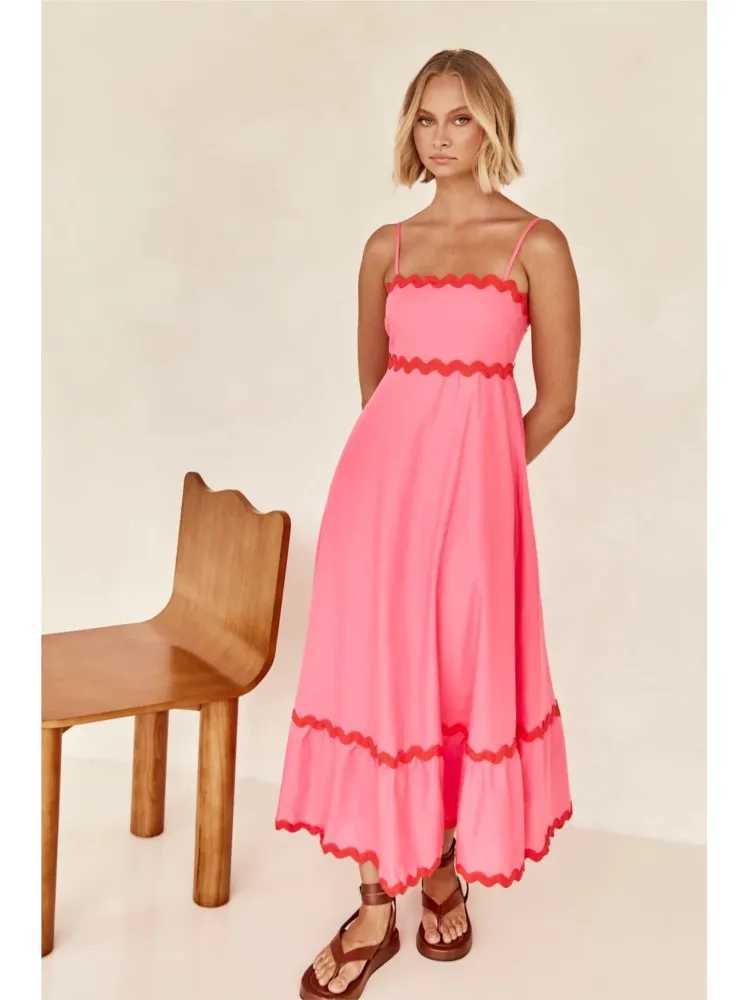 Sexy Striped Spaghetti Strap Long Dresses For Women Backless Casual Vacation Maxi A-line Beach Dress Female Sleeveless VestidosXJ250514