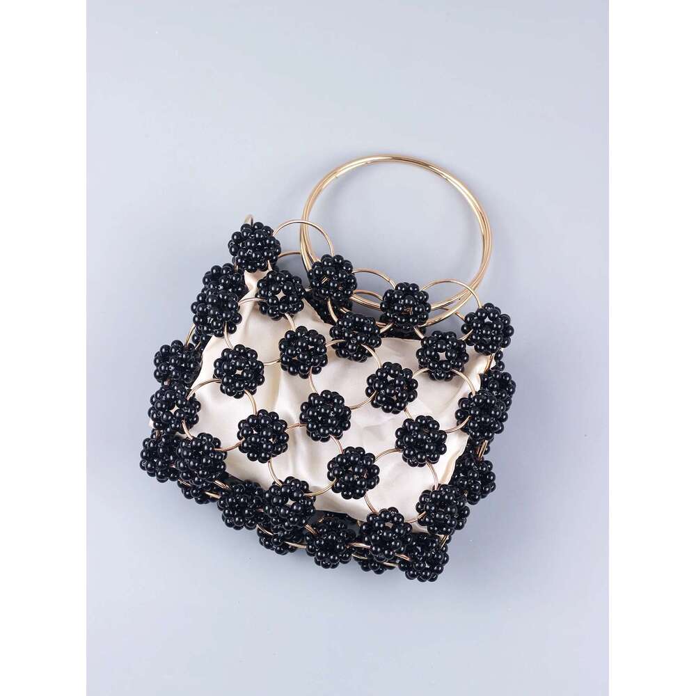 New Black Ball Beaded Dinner High Quality Women's Hollow Out Bag Fashion Versatile Handheld