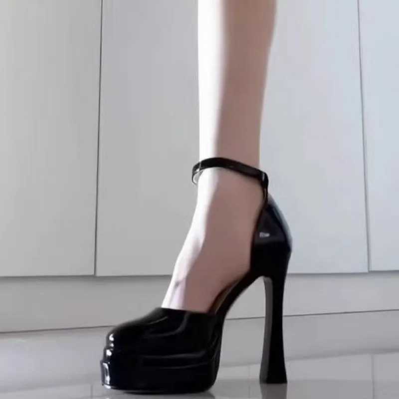 French waterproof platform high heels womens summer one-line buckle patent leather thick heel shoes 11cm apricot tall sandals W250514