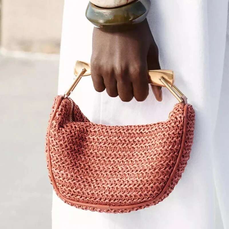 Summer Rattan Woven Crossbody Shoulder Bag,Half-Moon Beach Tote Bag,Women Designer Purse,Casual Metal Handle Straw Handbag