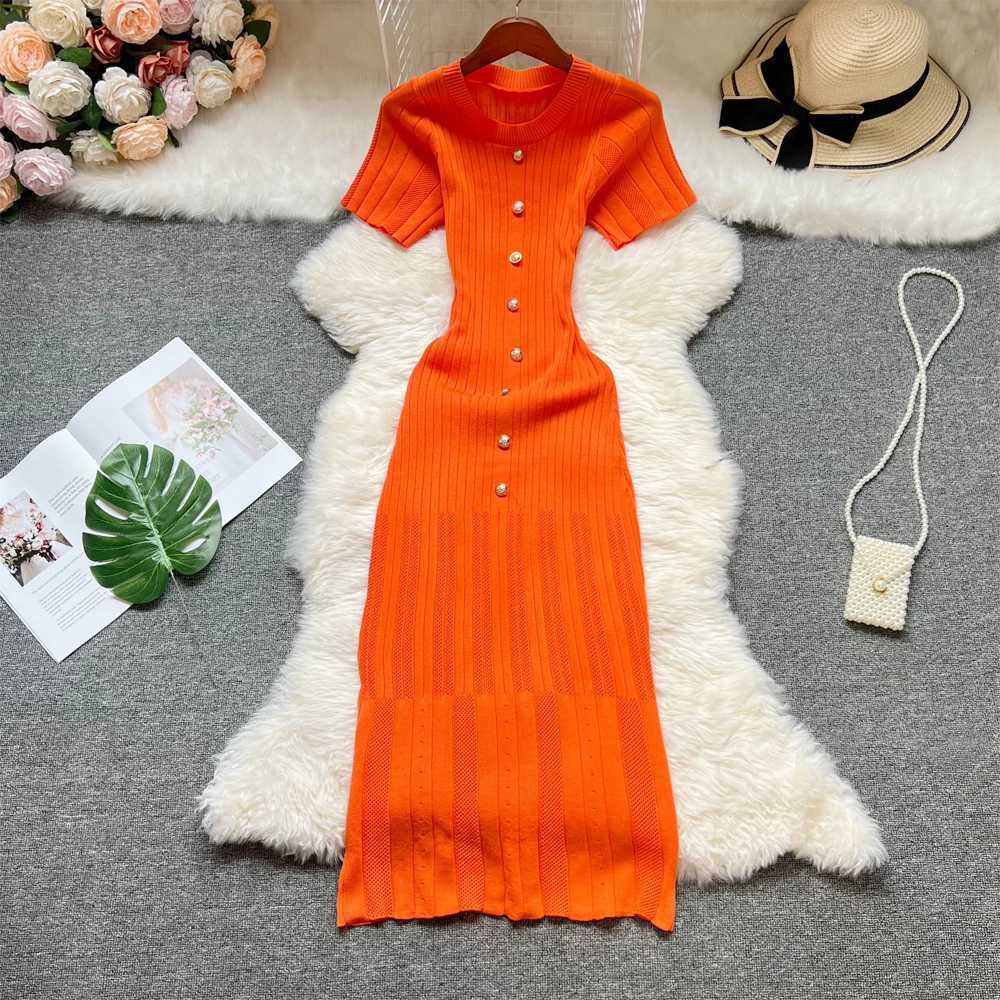 YuooMuoo 2025 Summer Women Knitted Long Dress Brand Fashion O-neck Buttons Bodycon Sweater Dress Elegant Lady Office VestidosXJ250514