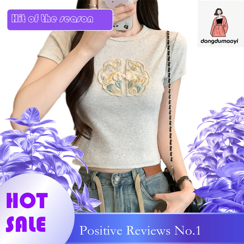 dongdumaoyi New Chinese style round neck sleeved T-shirt for women in summer 2025, slim fit, short and sweet spicy girl top
