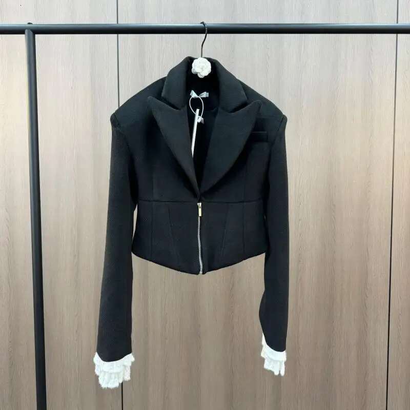 Getspring Women 2025 Spring New Black Short Wool Zipper Blazer Coat High Waist Lace Ed Shorts Two Pieces Sets