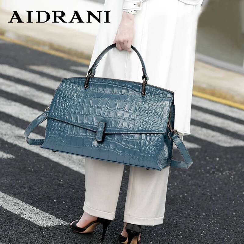 Aidrani New Women's Crocodile Print Handbag, Blue One Shoulder Crossbody Briefcase, Made Of High-Quality Cowhide