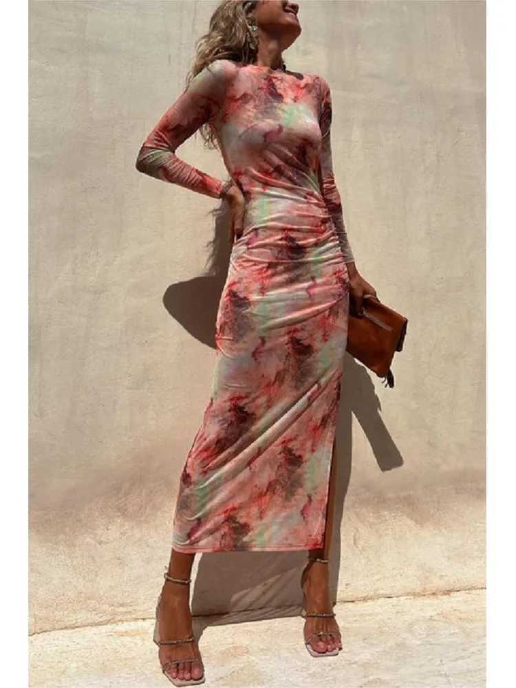 Tie Dye Printed Mesh See Through Womens Long Skirt Sexy Slim Fit Split Party Evening Dress 2024 Spring New Fashion Club VestXJ250514