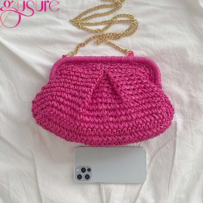 Gusure Summer Designer Shoulder Straw Weaving Clutch Purse Women Dumpling Crossbody Beach Bag Fashon Cloud Pouch