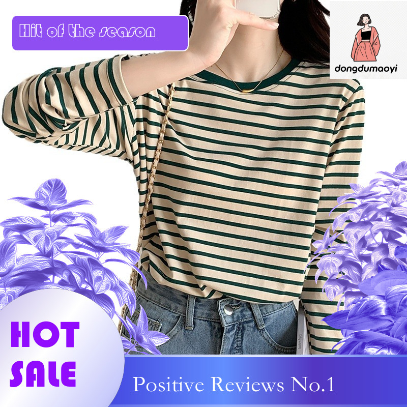 dongdumaoyi Early autumn striped bottom shirt for women with a stylish round neck loose and versatile long sleeved t-shirt, casual pure cotton top, th
